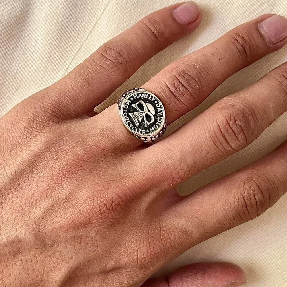 Vintage Harley biker flame skull silver chrome ring